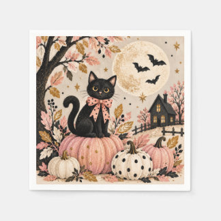 Roze Zwarte Kat Halloween Feest Papieren Servetten