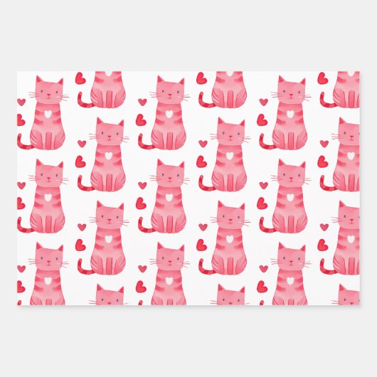 Roze Zwarte Katten Harten Verjaardag Inpakpapier Vel (Voorkant 3)