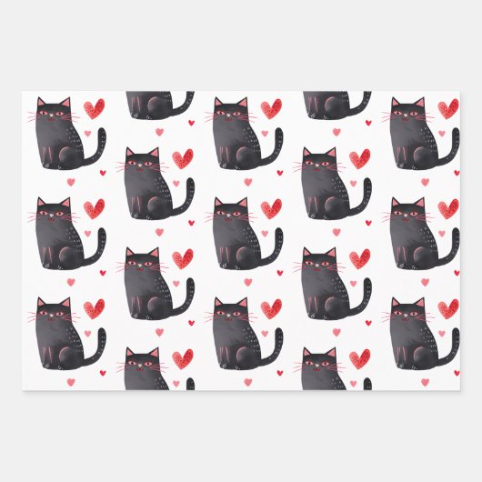 Roze Zwarte Katten Harten Verjaardag Inpakpapier Vel (Voorkant 2)