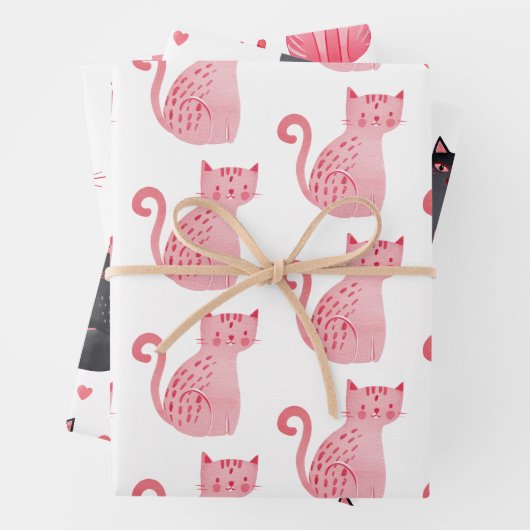 Roze Zwarte Katten Harten Verjaardag Inpakpapier Vel (In situ)