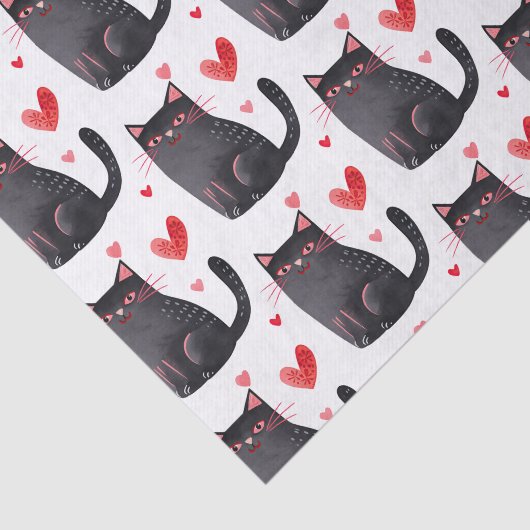 Roze Zwarte Katten Harten Verjaardag Tissuepapier (Detail)
