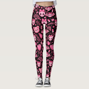 Roze Zwarte Kawaii Leggings Schedels Vleermuizen H