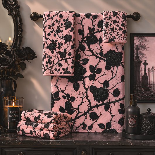 Roze & Zwarte Kerkhofrozen Gotisch Bad Handdoek