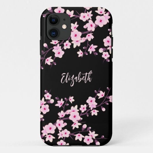 Roze Zwarte Kersenbloesem Monogram Case-Mate iPhone Case (Achterkant)