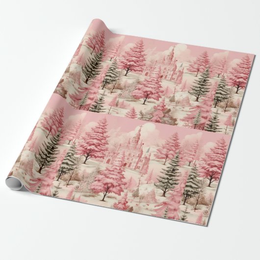 Roze & zwarte kerstboom cadeau inpakpapier (Uitgerold)