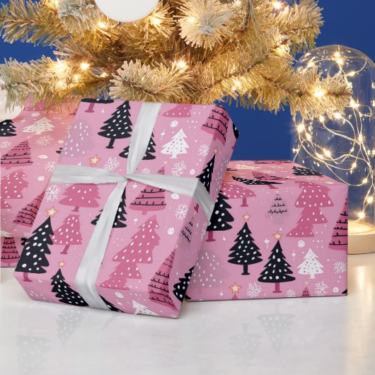 Roze & zwarte kerstboom cadeau inpakpapier (Feestdagen)