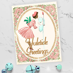 Roze Zwarte Kerstvrouw in haar brievenbus Feestdagenkaart