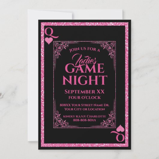 Roze & Zwarte Koningin van Harten Dames Game Night Kaart (Voorkant)