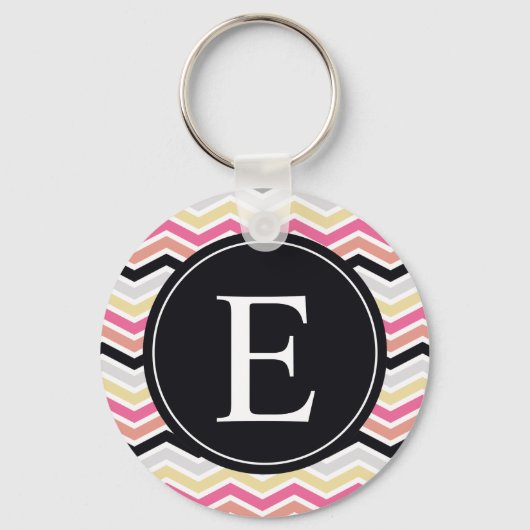 Roze zwarte koraal Chevron Monogram Sleutelhanger (Voorkant)