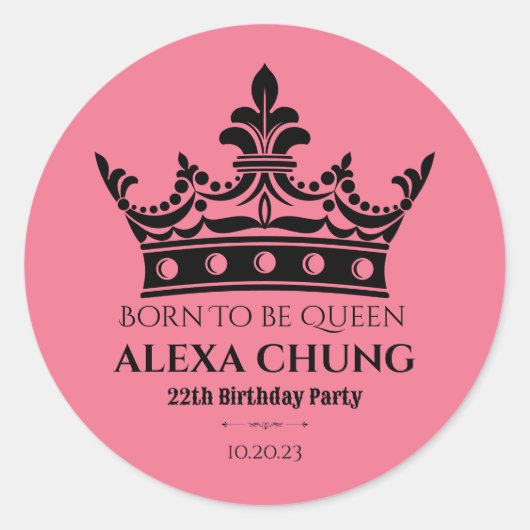 Roze zwarte kroon verjaardag ronde sticker (Voorkant)