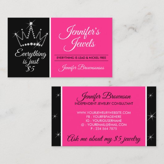 Roze zwarte kroonbling Diamond juwelen Visitekaartje (Voorkant / Achterkant)