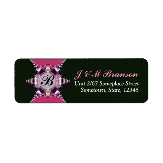 Roze+Zwarte Kunst Kant Monogram Adreslabel Etiket (Voorkant)