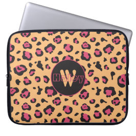 Roze zwarte luipaard Afdrukmonogram Laptop Sleeve
