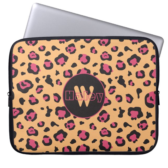Roze zwarte luipaard Afdrukmonogram Laptop Sleeve (Voorkant)