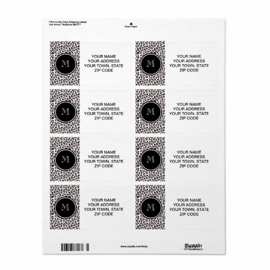 Roze zwarte luipaard Dierlijke afdruk met monogram Etiket (Full Sheet)