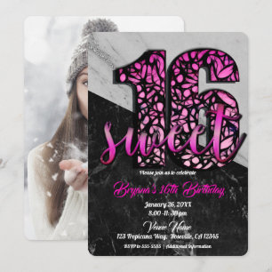 Roze Zwarte Marmeren Sweet 16 Verjaardagsfeest Fot Kaart