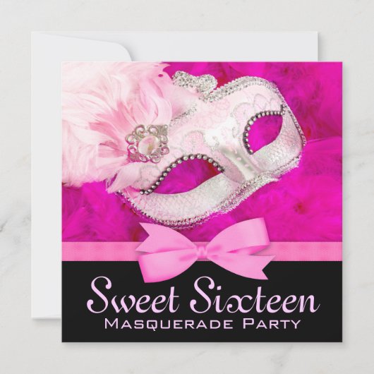 Roze Zwarte Maskerade Feest Uitnodigingen (Voorkant)