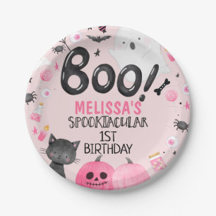Roze zwarte meid Boo Halloween Birthday Papieren Bordje
