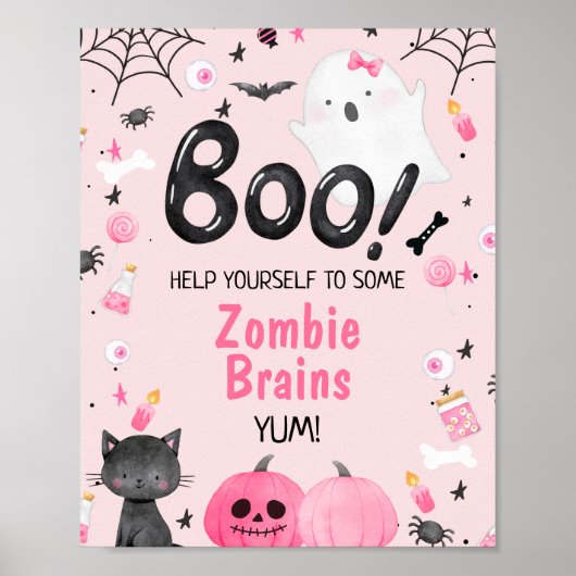 Roze zwarte meid Boo Halloween Birthday Party Sign Poster (Voorkant)