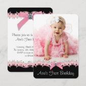  Roze Zwarte Meisjes Foto 1e Verjaardagsfeest Kaart (Voorkant / Achterkant)