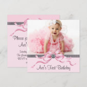 Roze Zwarte Meisjes Foto Eerste Verjaardagsfeest Kaart (Voorkant / Achterkant)