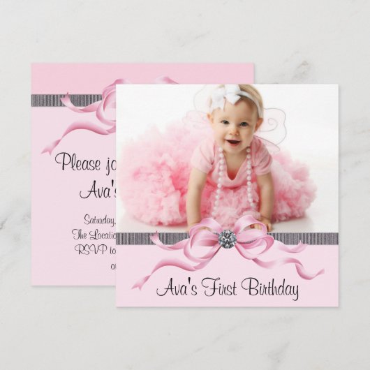 Roze Zwarte Meisjes Foto Eerste Verjaardagsfeest Kaart (Voorkant / Achterkant)