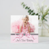 Roze Zwarte Meisjes Foto Eerste Verjaardagsfeest Kaart (Staand voorkant)