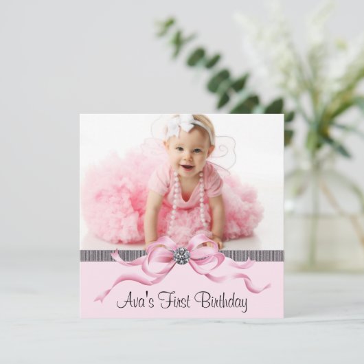 Roze Zwarte Meisjes Foto Eerste Verjaardagsfeest Kaart (Staand voorkant)