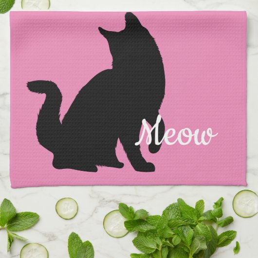 Roze zwarte miauw kat theedoek (Gevouwen)