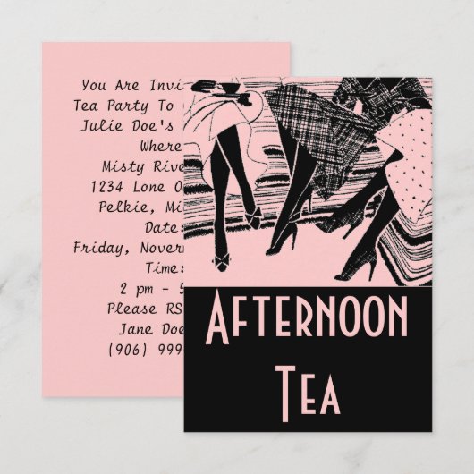Roze & Zwarte middag High Tea Party Uitnodiging (Voorkant / Achterkant)