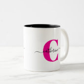 Roze Zwarte Minimalistische Elegante Script Monogr Tweekleurige Koffiemok (Voorkant rechts)