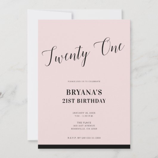 Roze & Zwarte Moderne Minimaal Schrift 21 Eenentwi Kaart (Voorkant)