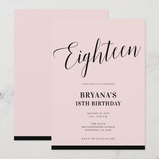 Roze Zwarte Moderne Minimale Script Achttien 18 18 Kaart (Voorkant / Achterkant)