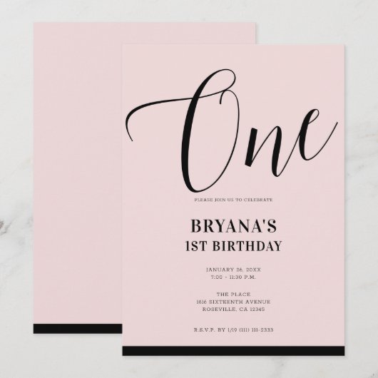 Roze Zwarte Moderne Minimalistische Script 1e Verj Kaart (Voorkant / Achterkant)