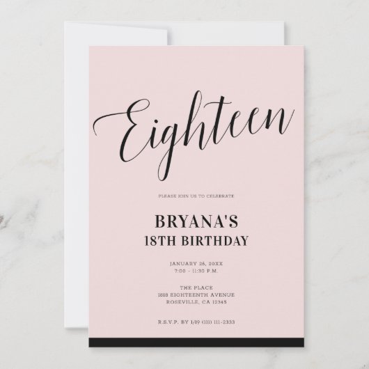 Roze Zwarte Moderne Minimalistische Script Achttie Kaart (Voorkant)
