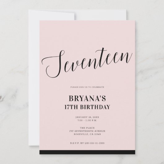 Roze Zwarte Moderne Minimalistische Script Zeventi Kaart (Voorkant)