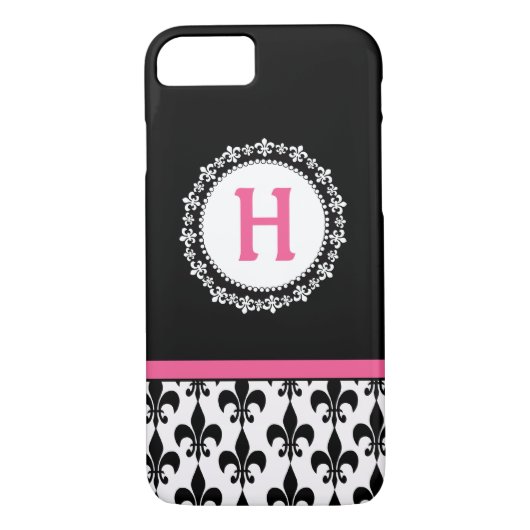 Roze zwarte monogram Fleur de Lis Pattern Case-Mate iPhone Case (Achterkant)