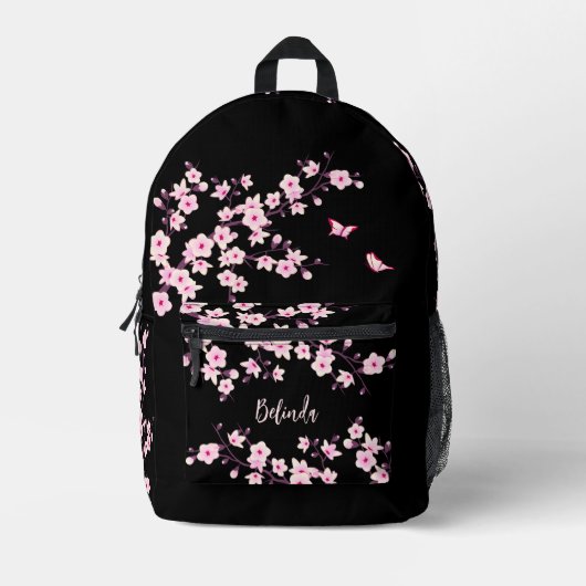 Roze Zwarte Monogram met Kersenbloesem Bedrukte Rugzak (Voorkant)