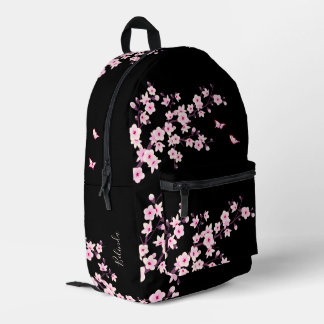 Roze zwarte monogram met kersenbloesem bedrukte rugzak