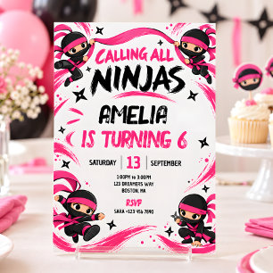 Roze & Zwarte Ninja Meisje Verjaardagsfeestje Kaart