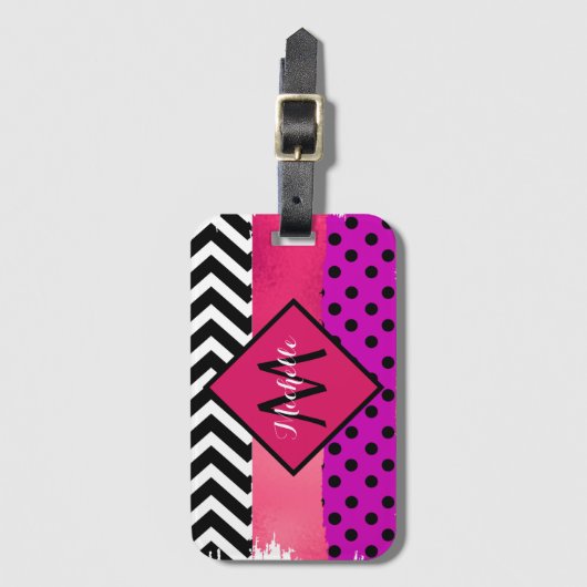 Roze zwarte Paarse glitterpenseelstreek monogramme Bagagelabel (Voorkant (verticaal))