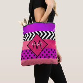 Roze zwarte Paarse glitterpenseelstreek monogramme Tote Bag (Dichtbij)