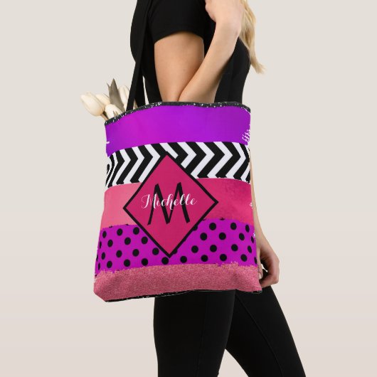 Roze zwarte Paarse glitterpenseelstreek monogramme Tote Bag (Dichtbij)