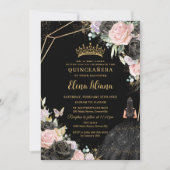Roze Zwarte Paarse Rozen Jurk Gouden Quinceañera X Kaart (Voorkant)