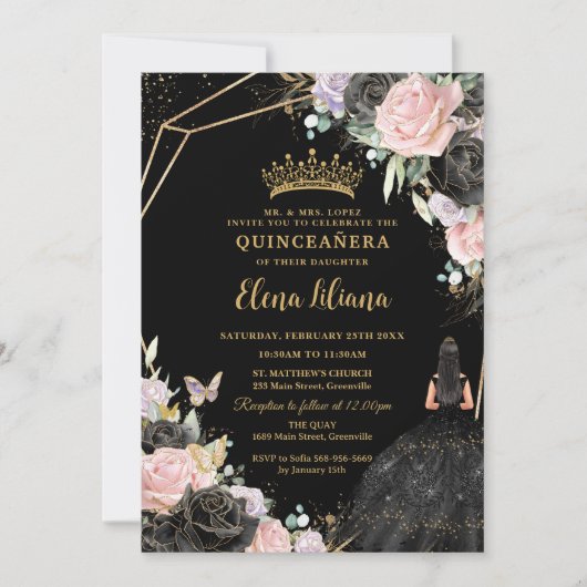 Roze Zwarte Paarse Rozen Jurk Gouden Quinceañera X Kaart (Voorkant)