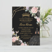 Roze Zwarte Paarse Rozen Jurk Gouden Quinceañera X Kaart (Staand voorkant)