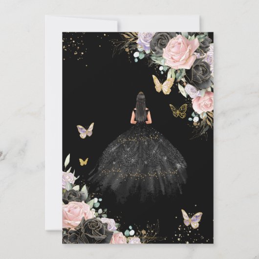 Roze Zwarte Paarse Rozen Jurk Gouden Quinceañera X Kaart (Achterkant)