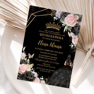 Roze Zwarte Paarse Rozen Jurk Gouden Quinceañera X Kaart