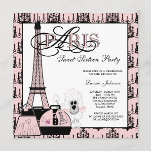 Roze Zwarte Paris Kroonluchter Sweet Sixteen Feest Kaart