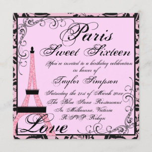 Roze/Zwarte Paris Sweet16 Verjaardagsuitnodiging Kaart